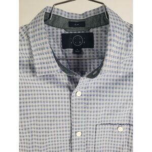 Even Tide‎ Mens Short Sleeve Button Down Shirt Slim Medium M Blue Check Plaid